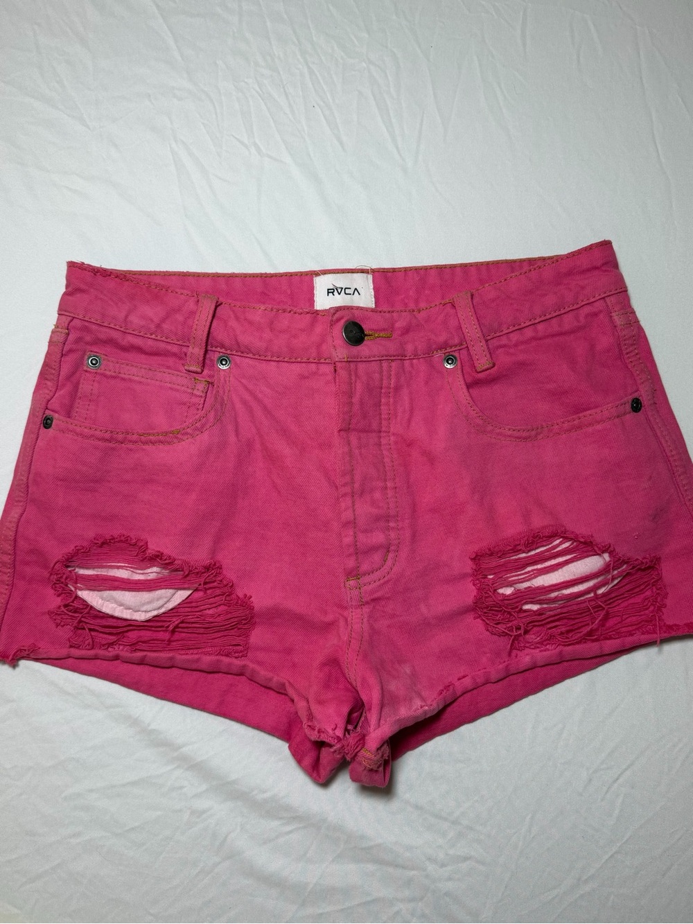RVCA Pink Distressed Cut Off Denim Shorts 5-Pocket Button Logo Women's 26